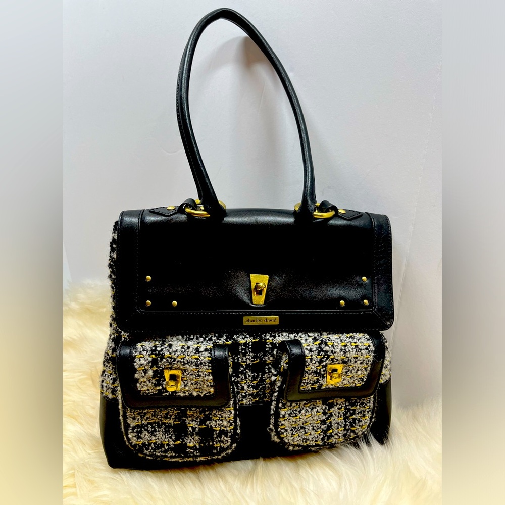 Charles David Designer Blk leather & Tweed Shoulder Bag Genuine Leather